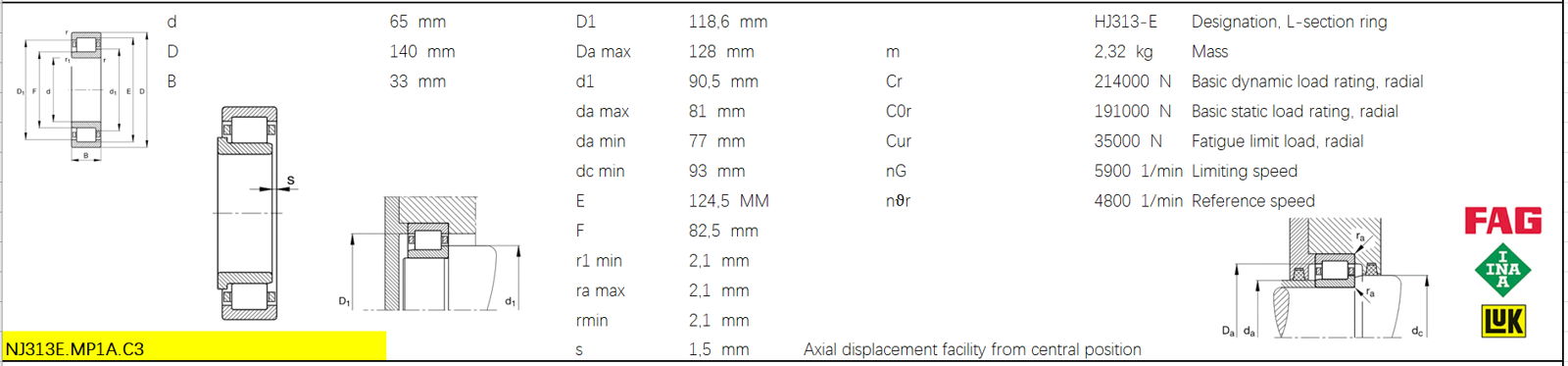 NJ313E MP1A C3 140mmx65mmx33mm cylindrical roller bearings  3