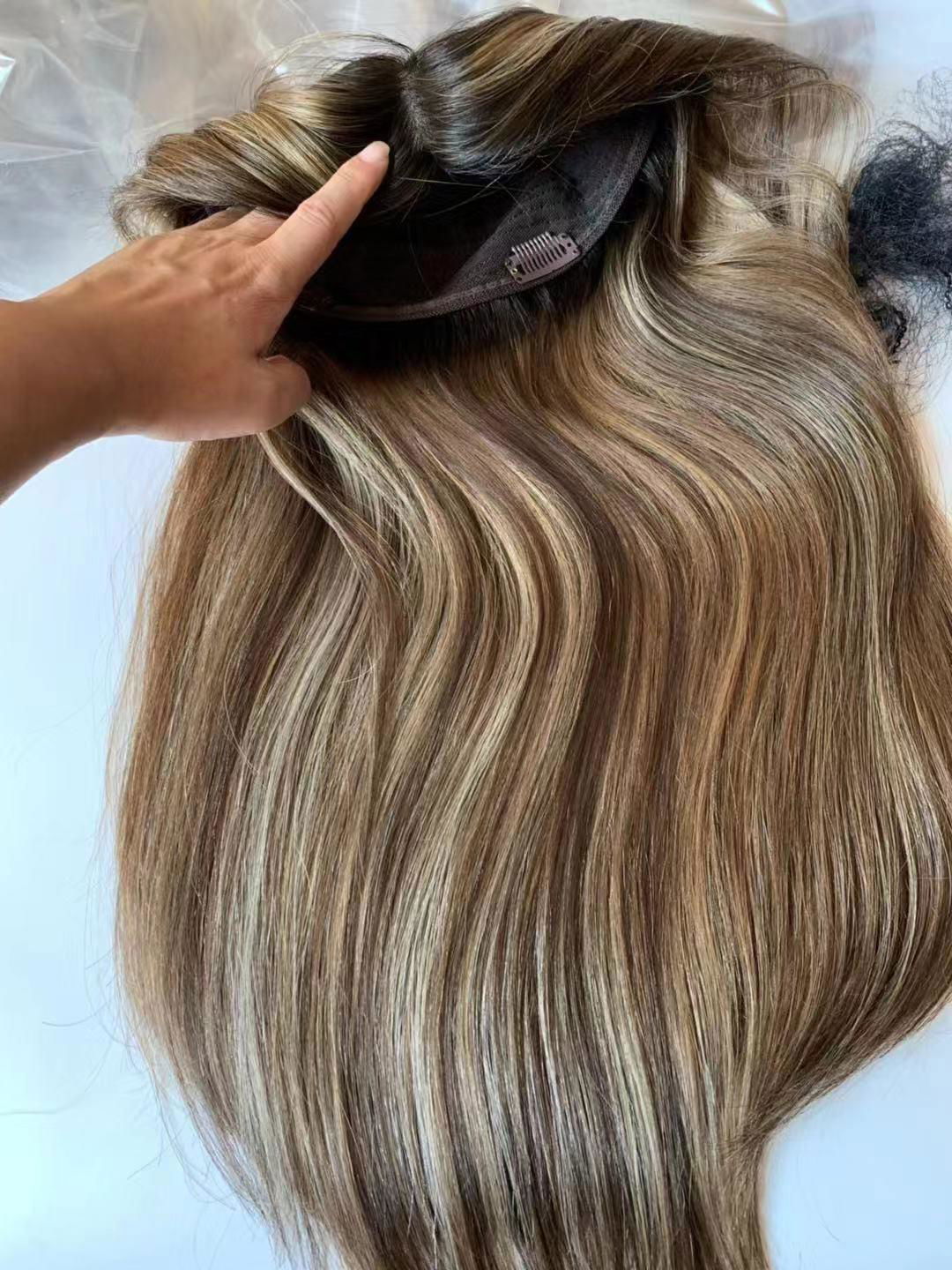 Highlight Color Dark Rooted European Virgin Hair Topper Hair Piece For Women