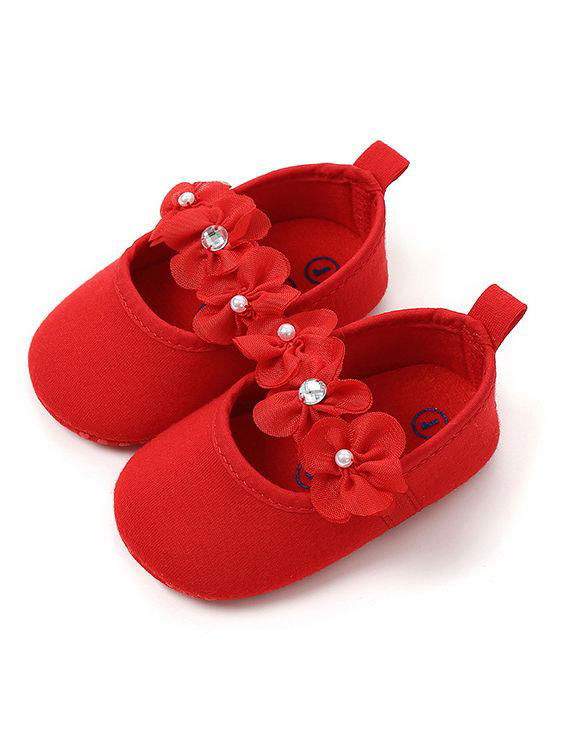 Cute Flower Trimmed Princess Baby Girls Shoes red