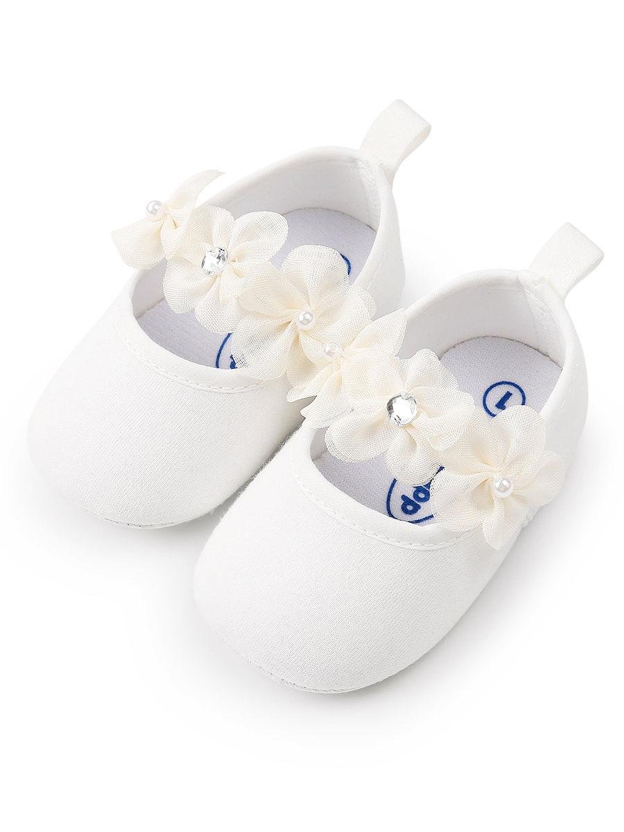 Cute Flower Trimmed Princess Baby Girls Shoes white
