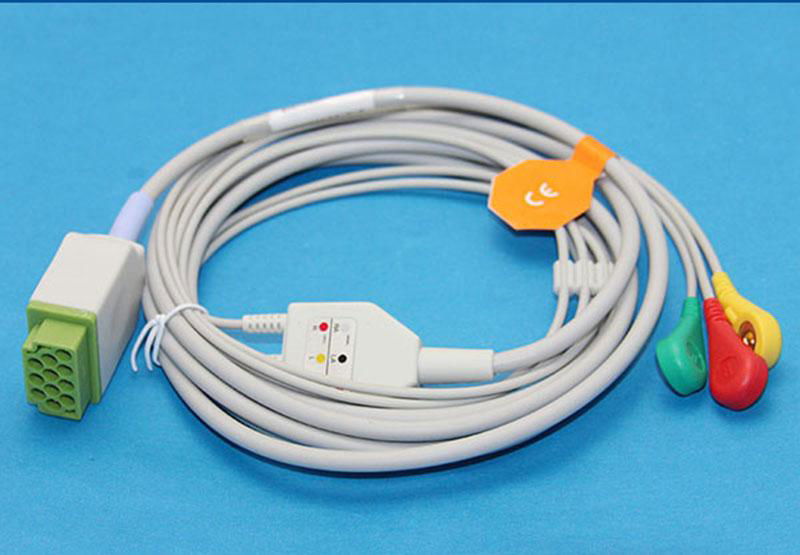 One-Piece 3 Lead ECG Cable for GE Marquette Dash 3000/4000  AHA Clip Compatible  3