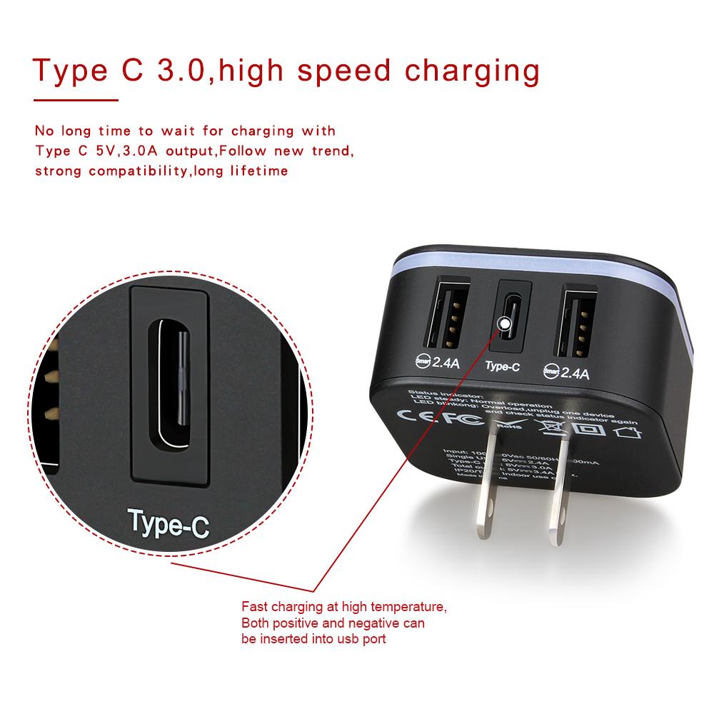 Customize luminous logo USB wall socket charger with 3.4A usb-c quick charge  3