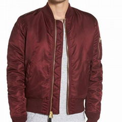 Custom 100% Polyester Solid Wine Red Color Plain Padded Bomber Jacket Men