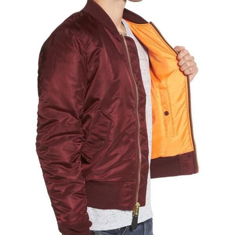 Custom 100% Polyester Solid Wine Red Color Plain Padded Bomber Jacket Men 2