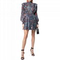 Long Sleeve Layers of Frills Blue Floral Print Ruffle Dress Mini Women Dress