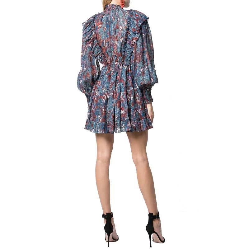 Long Sleeve Layers of Frills Blue Floral Print Ruffle Dress Mini Women Dress 2