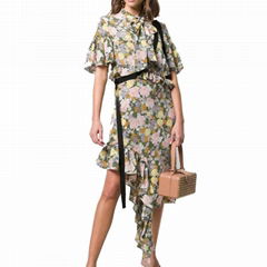 Ruffle Sleeve Asymmetrical Hem Flounce Floral Printed Midi Shirt Dress with Butt