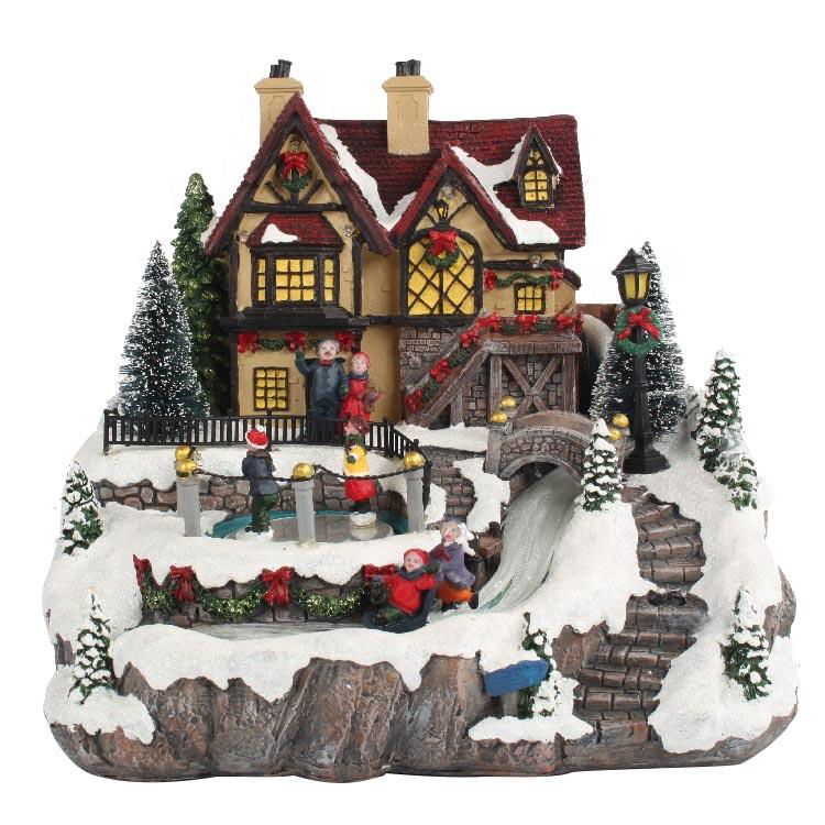 colorful fiber optical animated rotating Xmas village scene resin musical led li 3