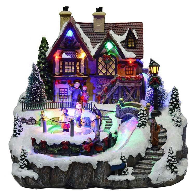 colorful fiber optical animated rotating Xmas village scene resin musical led li 4