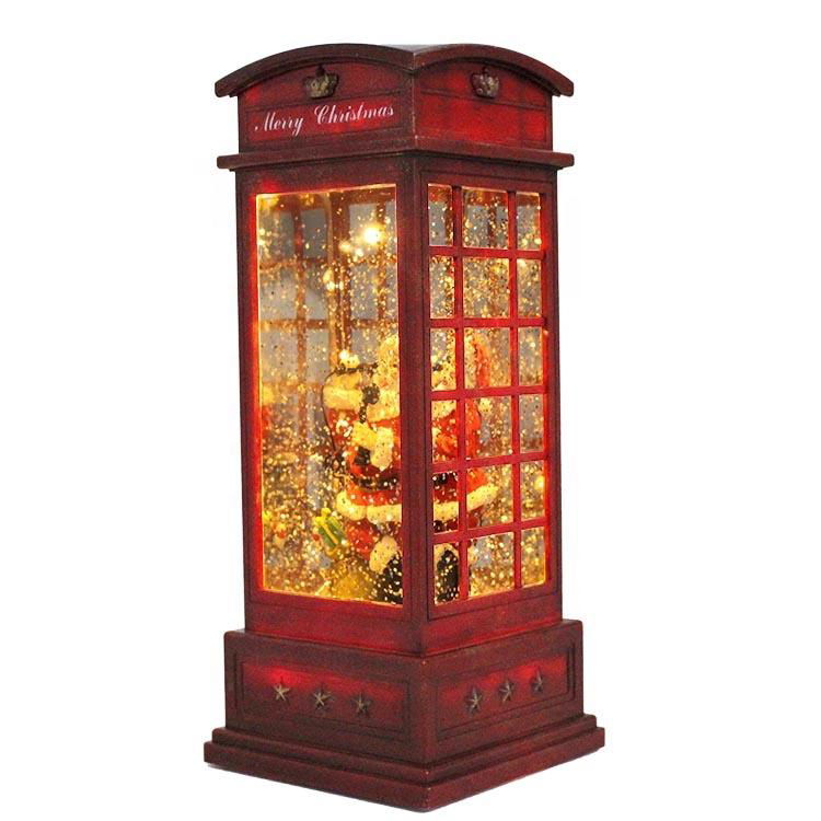 Polyresin LED lighted Xmas indoor Decor Santa insert telephone booth water snow 