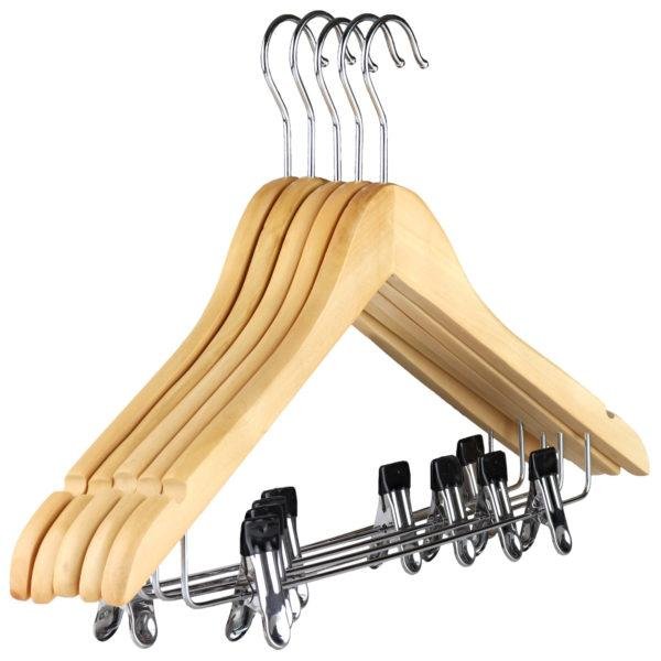 wooden clothes hangers with clips