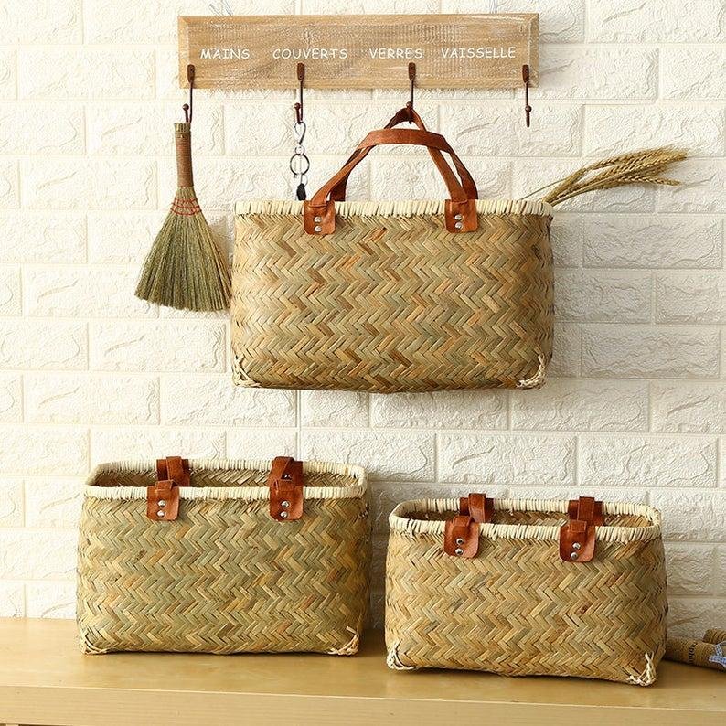 Vintage Feminine Braided Wicker Bamboo Storage Basket For Daily Use  4