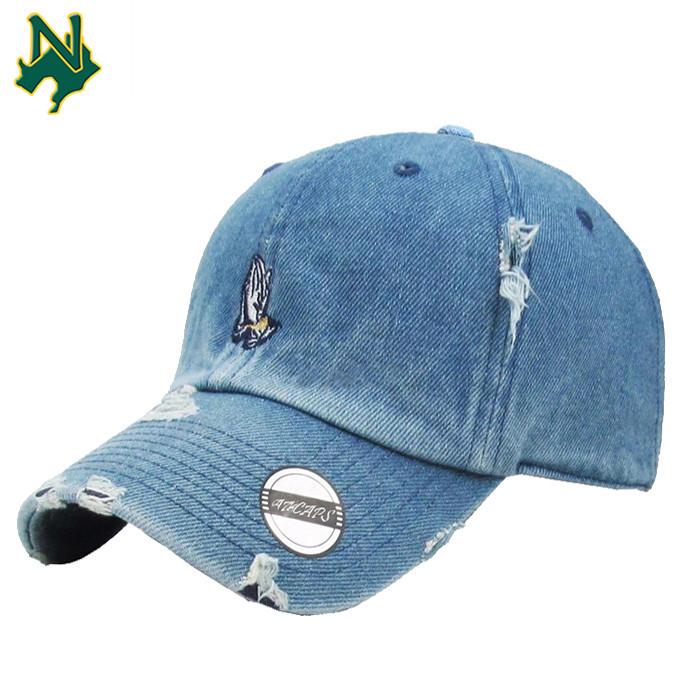 Promotional Price Denim Baseball Cap Custom Embroidery Logo Distressed Dad Hats  3