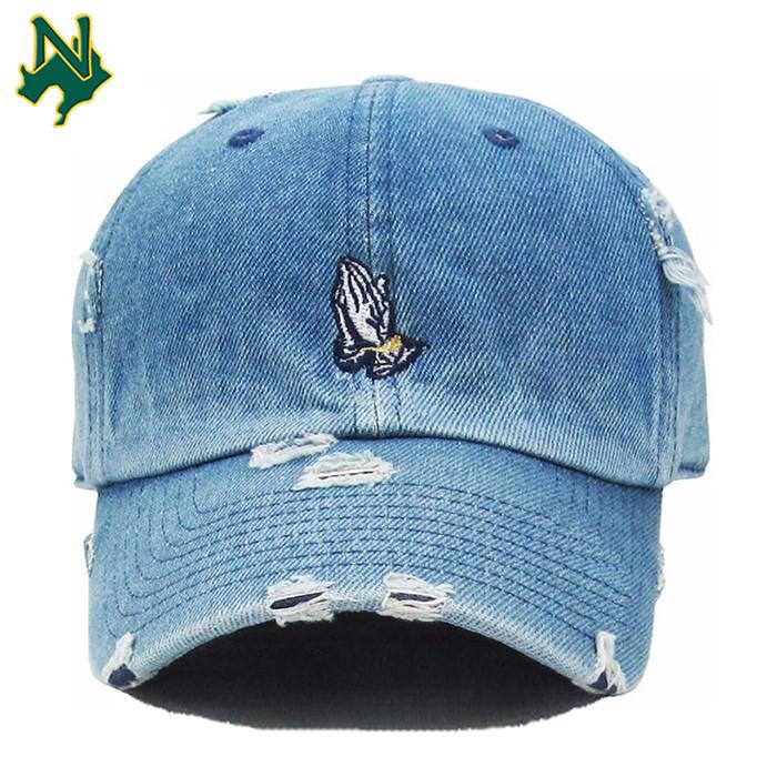 Promotional Price Denim Baseball Cap Custom Embroidery Logo Distressed Dad Hats 