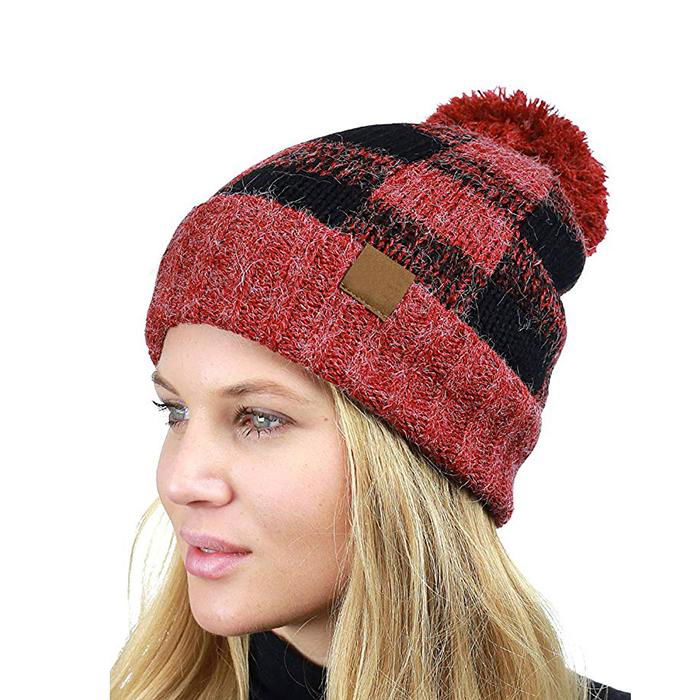 OEM Soft Stretch Pom Fuzzy Lined Buffalo Plaid Cuff Beanie Hat Checked Pattern  2