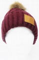 Custom Satin lined leather patch pom pom beanie cable knit thermal winter hat