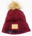 Custom Satin lined leather patch pom pom beanie cable knit thermal winter hat
