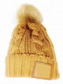 Custom Satin lined leather patch pom pom beanie cable knit thermal winter hat