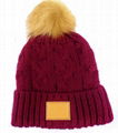 Custom Satin lined leather patch pom pom beanie cable knit thermal winter hat