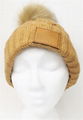 Custom Satin lined leather patch pom pom beanie cable knit thermal winter hat