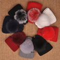 Custom real fur pom winter hat rib knit detachable acrylic ribbed beanie tuque