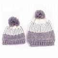 Hot sale baby and mother two tone knitted pom beanie stretch skull winter hat