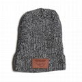 Custom Wool Heather Grey Knitted Ribbed Toque Beanie Leather Label Keep Warm 