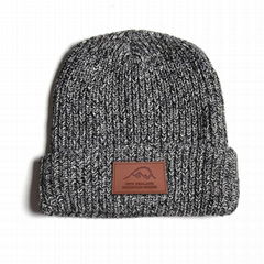 Custom Wool Heather Grey Knitted Ribbed Toque Beanie Leather Label Keep Warm