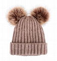 Cable Knit Beanie with Faux Fur Pompom Ears Beanie Winter Hat With Two Balls 