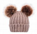 Cable Knit Beanie with Faux Fur Pompom Ears Beanie Winter Hat With Two Balls 