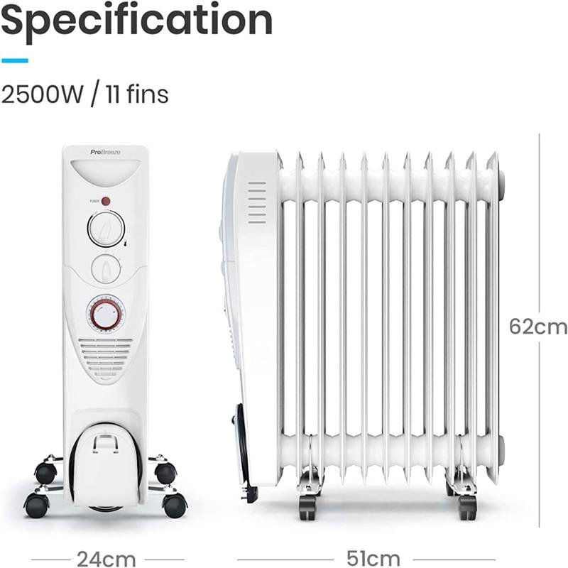 2500W Oil Filled Radiator, 11 Fin - Portable Electric Heater