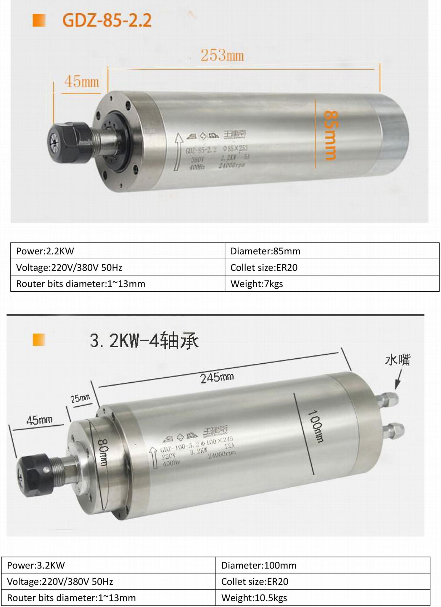 800W 1.5 2.2kw 3.2kw 4.5kw 6kw Water Cooling Spindle For Wood CNC Router Machine 3