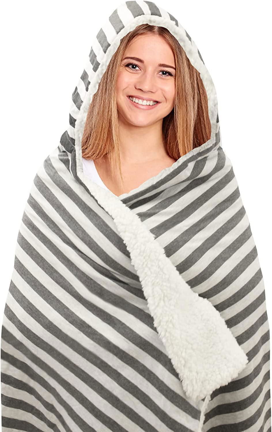 New Cotton Blend Jersey Knit Soft Reversible Sherpa Throw Hooded Blanket