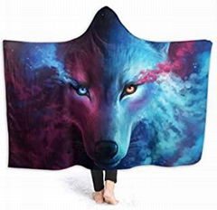 Galaxy Wolf Hooded Blanket Wearable Throw Blankets for Couch Blanket Hooded for 