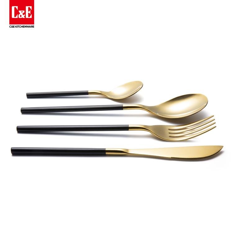 4 Piece Matte Black Handle and Gold Stainless Steel Flatware Set 3