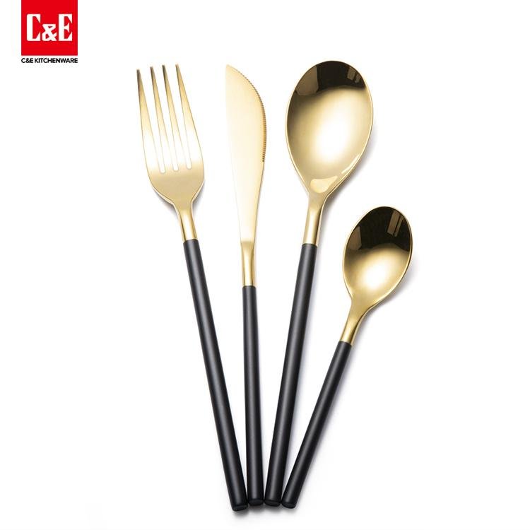 4 Piece Matte Black Handle and Gold Stainless Steel Flatware Set