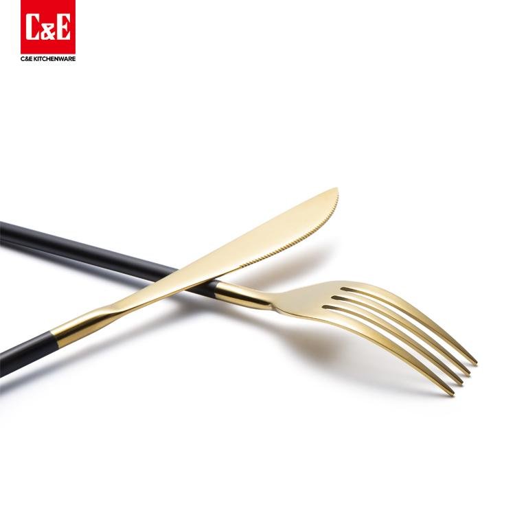 4 Piece Matte Black Handle and Gold Stainless Steel Flatware Set 5