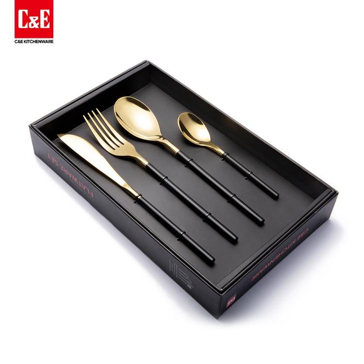 4 Piece Matte Black Handle and Gold Stainless Steel Flatware Set 2