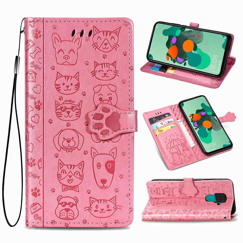 For Huawei Mate 30 Lite Leather Case Cat Dog Embossed Flip Wallet Cover