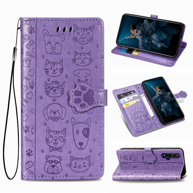  For Huawei Honor 20 Leather Case Cat Dog Embossed Flip Wallet Cover