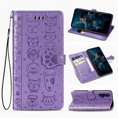 For Huawei Honor 20 Leather Case Cat Dog Embossed Flip Wallet Cover