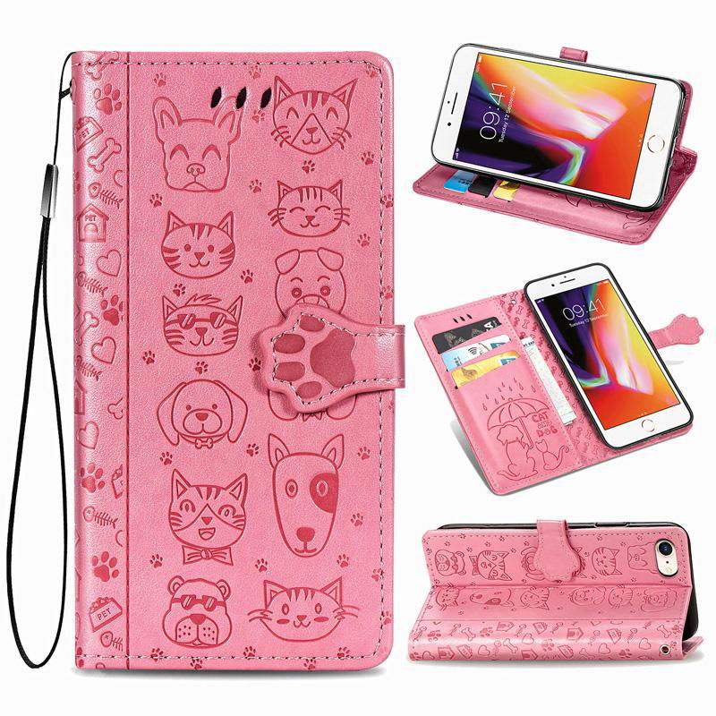 For Apple Iphone SE 2020 Leather Case Cat Dog Embossed Flip Wallet Cover