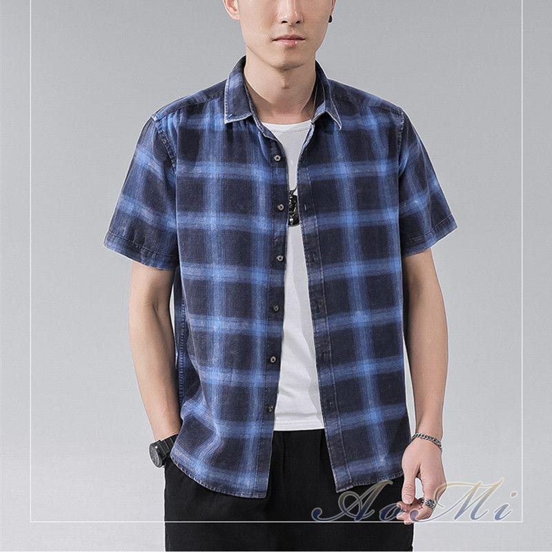 Cotton plaid men's summer half-sleeved shirt AOMI-R0011 3