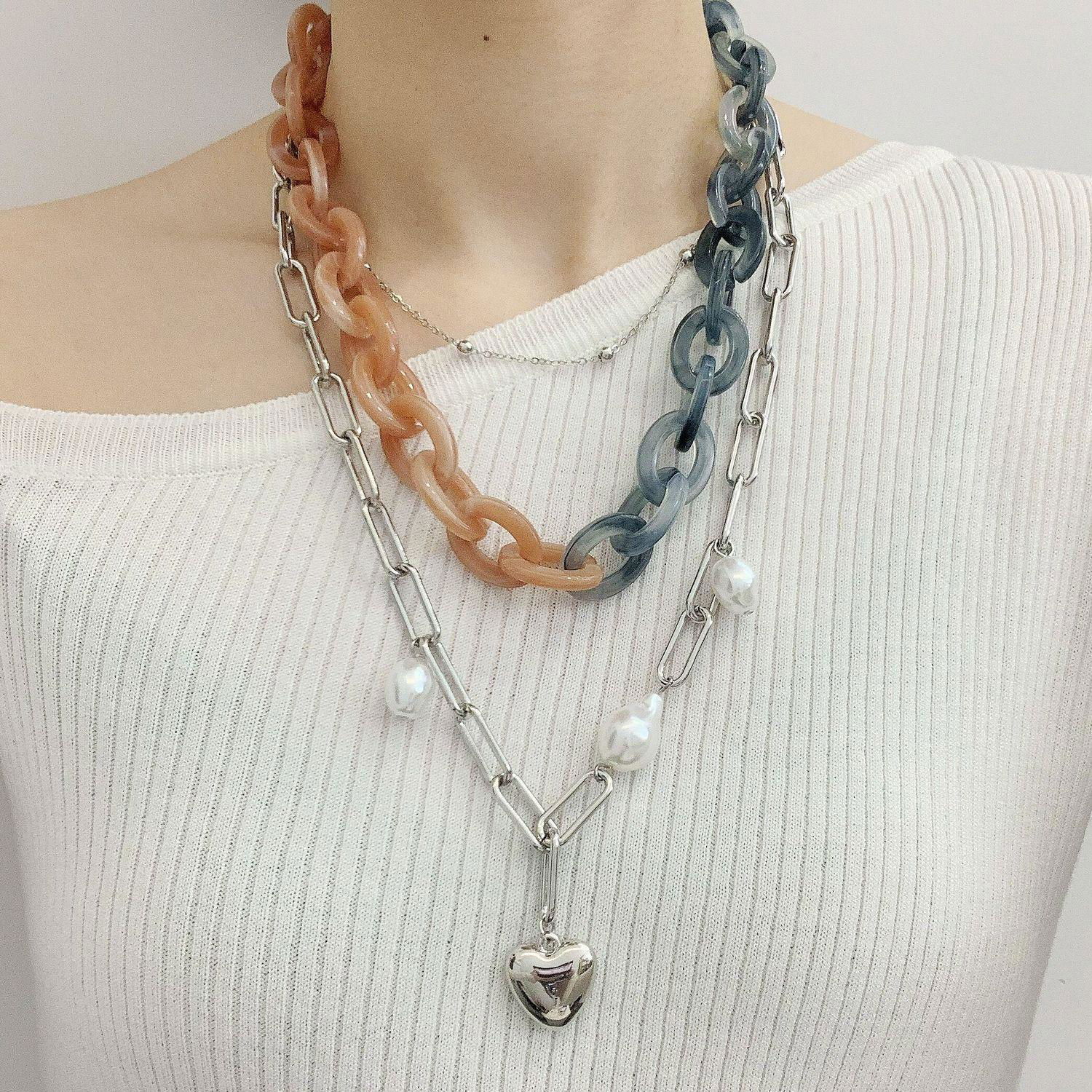 punk jewelry multi layered heart pendant necklace with silver and acrylic chain