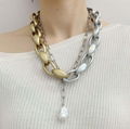 punk jewelry double layered pearl pendant necklace with silver and gold chain 1