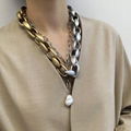 punk jewelry double layered pearl pendant necklace with silver and gold chain 2