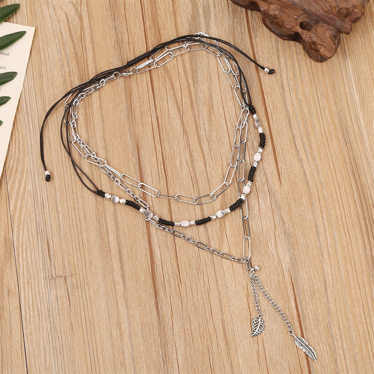 punk jewelry multi layered leaf pendant braided beads necklace  4