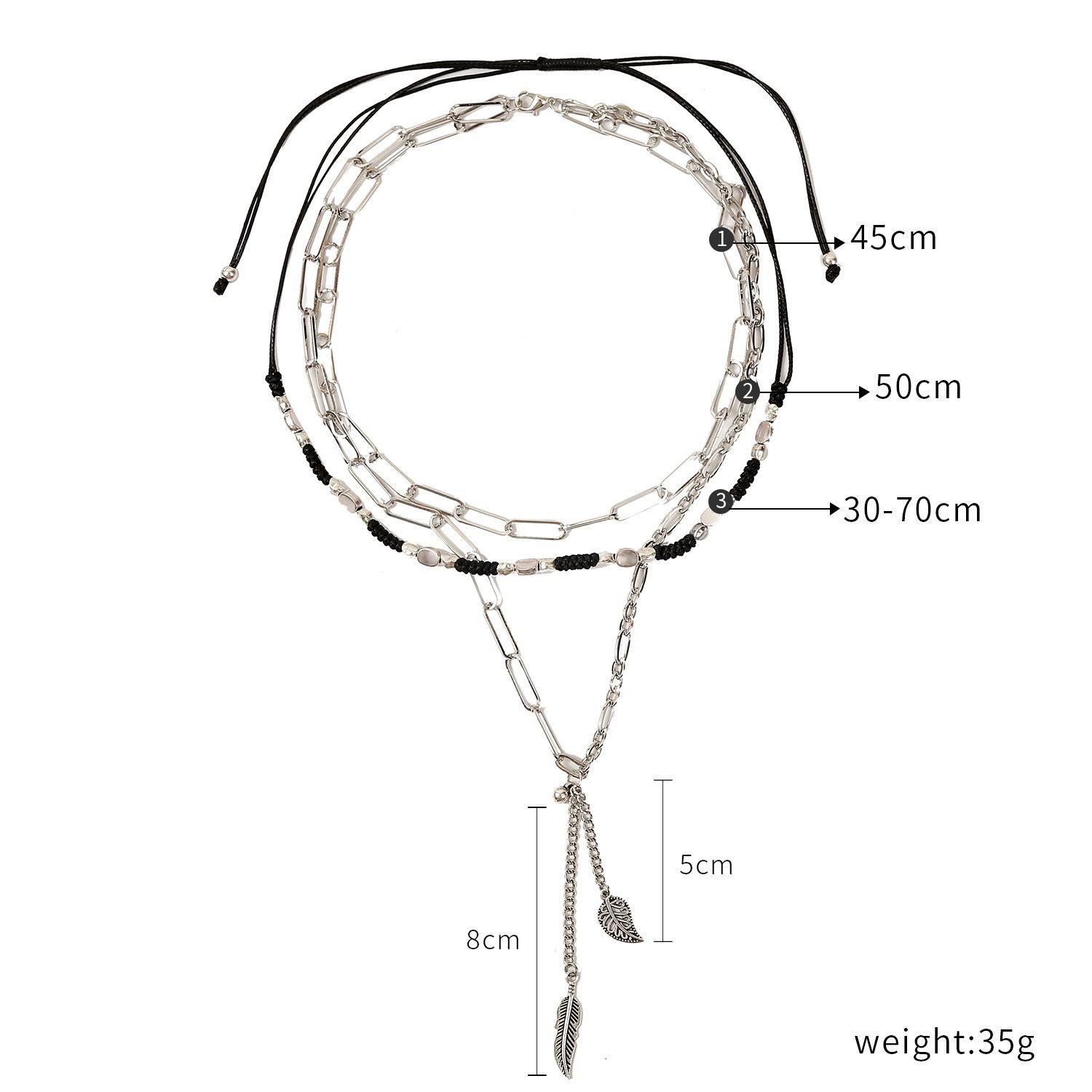 punk jewelry multi layered leaf pendant braided beads necklace  5