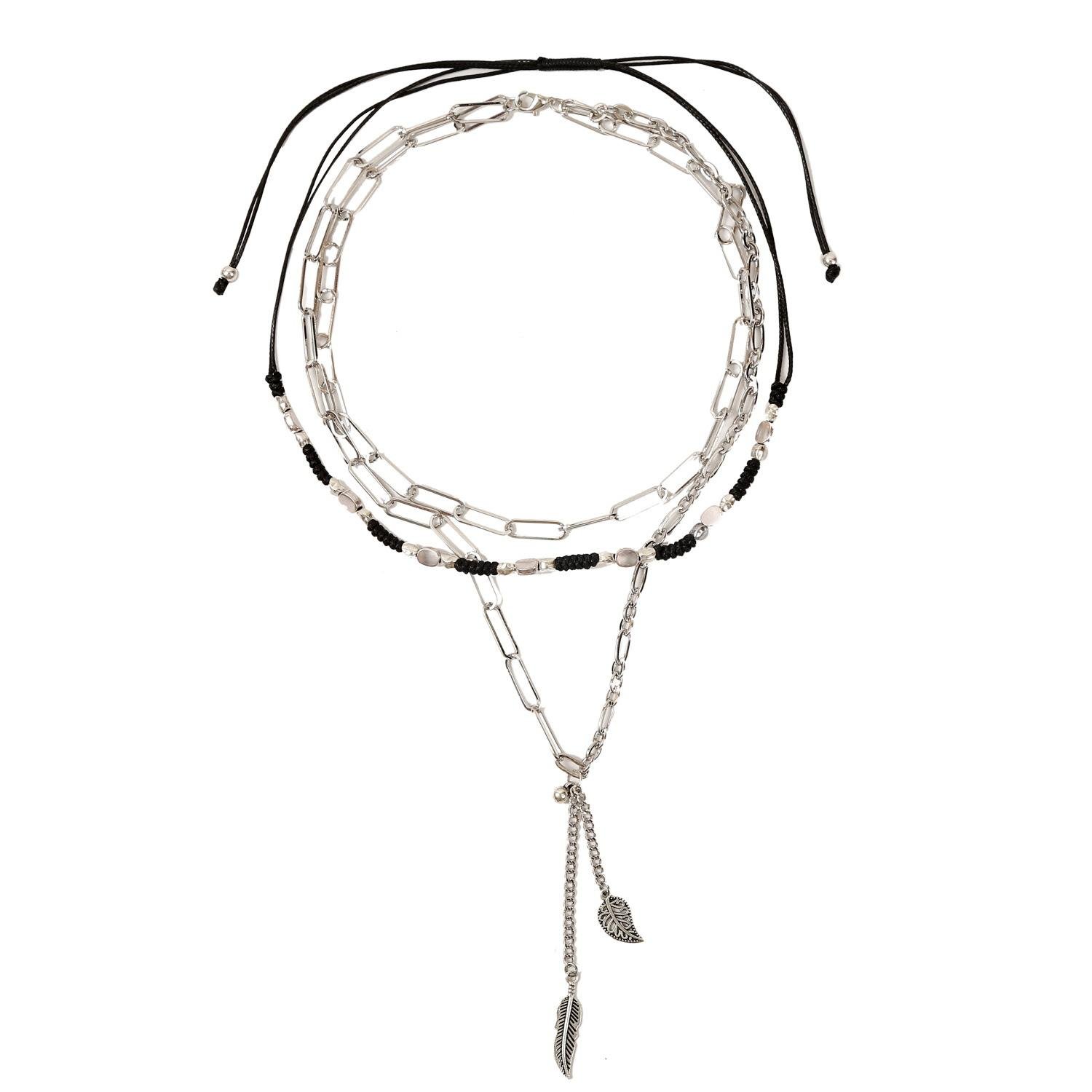 punk jewelry multi layered leaf pendant braided beads necklace 