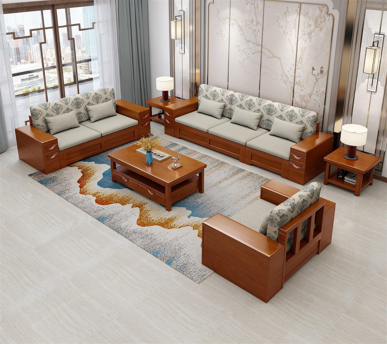 實木沙發組合現代新中式客廳木質傢具橡膠木經濟型組裝中式木沙發 2